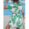 CUPSHE Women’s Swimsuit Coverup Casual V Neck Beach Dress Short Sleeve Elastic Waist Swimwear Cover Ups 2026 Beachwear(White Green Leaf)