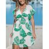 CUPSHE Women’s Swimsuit Coverup Casual V Neck Beach Dress Short Sleeve Elastic Waist Swimwear Cover Ups 2026 Beachwear(White Green Leaf)