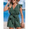 CUPSHE Women’s V Neck Floral Print Belted Elastic Waist Romper Ruffled Cap Sleeves Mini Jumpsuit(Bottle Green)