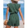 CUPSHE Women’s V Neck Floral Print Belted Elastic Waist Romper Ruffled Cap Sleeves Mini Jumpsuit(Bottle Green)