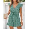 CUPSHE Women’s V Neck Floral Print Belted Elastic Waist Romper Ruffled Cap Sleeves Mini Jumpsuit(Dark Green)