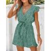 CUPSHE Women’s V Neck Floral Print Belted Elastic Waist Romper Ruffled Cap Sleeves Mini Jumpsuit(Dark Green)