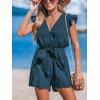 CUPSHE Women’s V Neck Floral Print Belted Elastic Waist Romper Ruffled Cap Sleeves Mini Jumpsuit(Navy Blue)