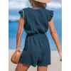 CUPSHE Women’s V Neck Floral Print Belted Elastic Waist Romper Ruffled Cap Sleeves Mini Jumpsuit(Navy Blue)