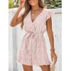 CUPSHE Women’s V Neck Floral Print Belted Elastic Waist Romper Ruffled Cap Sleeves Mini Jumpsuit(Pink)