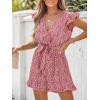 CUPSHE Women’s V Neck Floral Print Belted Elastic Waist Romper Ruffled Cap Sleeves Mini Jumpsuit(Red)