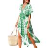 CUPSHE Women Boho Maxi Summer Dress Plunging V Half Dolman Sleeve Empired Waist Side Slit Sundress Holiday Beach Dresses(Green White)