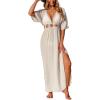 CUPSHE Women Swimsuit Coverup Deep V Neck Half Sleeve Maxi Coverup Dress(Beige)