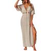 CUPSHE Women Swimsuit Coverup Deep V Neck Half Sleeve Maxi Coverup Dress(Khaki)
