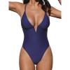 CUPSHE Women Swimsuit One Piece Bathing Suit Deep V Neck Crisscross Back Adjustable Strap(Dark Blue)
