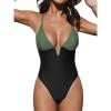 CUPSHE Women Swimsuit One Piece Bathing Suit Deep V Neck Crisscross Back Adjustable Strap(Green/Black)