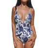 CUPSHE Women Swimsuit One Piece Bathing Suit Deep V Neck Crisscross Back Adjustable Strap(Navy Floral)