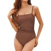 CUPSHE Women Swimsuit One Piece Bathing Suit Square Neck Cutout Back Tummy Control with Adjustable Spaghetti Straps(Chestnut Brown)