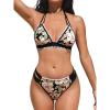 CUPSHE Women’s Bikini Sets Two Piece Swimsuit Halter V Neck Back Hook Cutout Stitching Cheeky Bottom(Black/Pink Floral)
