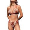 CUPSHE Women’s Bikini Sets Two Piece Swimsuit Halter V Neck Back Hook Cutout Stitching Cheeky Bottom(Brown/Beige Tropical)