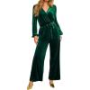 CUPSHE Women’s Long Jumpsuits V Neck Long Sleeve Belted Overall Casual Velvet Wide Leg Pockets Maxi Rompers(Green)