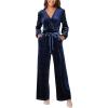 CUPSHE Women’s Long Jumpsuits V Neck Long Sleeve Belted Overall Casual Velvet Wide Leg Pockets Maxi Rompers(Navy Blue)