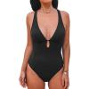 CUPSHE Women’s One Piece Swimsuit Deep V Neck Keyhole Cutout O Ring Textured Bathing Suit(Black)