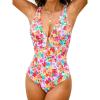 CUPSHE Women’s One Piece Swimsuit Deep V Neck Keyhole Cutout O Ring Textured Bathing Suit(Multi Color/Floral)