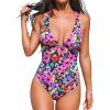 CUPSHE Women’s One Piece Swimsuit Deep V Neck Keyhole Cutout O Ring Textured Bathing Suit(Navy Blue/Floral)