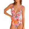 CUPSHE Women’s One Piece Swimsuit Deep V Neck Keyhole Cutout O Ring Textured Bathing Suit(Pink/Orange Floral)