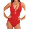 CUPSHE Women’s One Piece Swimsuit Deep V Neck Keyhole Cutout O Ring Textured Bathing Suit(Red)
