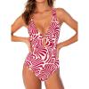 CUPSHE Women’s One Piece Swimsuit Deep V Neck Keyhole Cutout O Ring Textured Bathing Suit(Red Abstract Leaf)