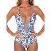 CUPSHE Women’s One Piece Swimsuit Halter Plunging Neck Cutout Back Bathing Suit Spaghetti Adjustable Straps O Ring(Blue/Orange Floral)