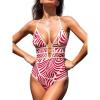 CUPSHE Women’s One Piece Swimsuit Halter Plunging Neck Cutout Back Bathing Suit Spaghetti Adjustable Straps O Ring(Crimson Red/White Striped)