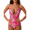 CUPSHE Women’s One Piece Swimsuit Halter Plunging Neck Cutout Back Bathing Suit Spaghetti Adjustable Straps O Ring(Hot Magenta/Orange Floral)