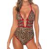 CUPSHE Women’s One Piece Swimsuit Halter Plunging Neck Cutout Back Bathing Suit Spaghetti Adjustable Straps O Ring(Red/Brown Leopard)