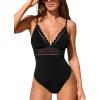 CUPSHE Women’s One Piece Swimsuit Scalloped V Neck Bathing Suit Mesh Cutout Adjustable Straps Spaghetti Textured Sexy(Black)