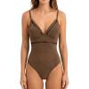 CUPSHE Women’s One Piece Swimsuit Scalloped V Neck Bathing Suit Mesh Cutout Adjustable Straps Spaghetti Textured Sexy(Taupe Brown)