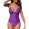 CUPSHE Women’s One Piece Swimsuit Tummy Control V Neck Bathing Suits(Royal Blue/Floral)