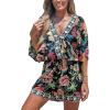 CUPSHE Women’s Summer Romper Lace Up Printed Half Sleeves Casual Wide leg Vacation Outfit Mini One Piece Jumpsuit(Black Floral)