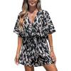 CUPSHE Women’s Summer Romper Lace Up Printed Half Sleeves Casual Wide leg Vacation Outfit Mini One Piece Jumpsuit(Black Printed)