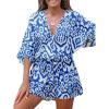 CUPSHE Women’s Summer Romper Lace Up Printed Half Sleeves Casual Wide leg Vacation Outfit Mini One Piece Jumpsuit(Blue Abstract)
