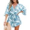 CUPSHE Women’s Summer Romper Lace Up Printed Half Sleeves Casual Wide leg Vacation Outfit Mini One Piece Jumpsuit(Blue Floral)