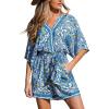 CUPSHE Women’s Summer Romper Lace Up Printed Half Sleeves Casual Wide leg Vacation Outfit Mini One Piece Jumpsuit(Blue Paisley)