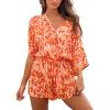 CUPSHE Women’s Summer Romper Lace Up Printed Half Sleeves Casual Wide leg Vacation Outfit Mini One Piece Jumpsuit(Orange)