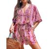 CUPSHE Women’s Summer Romper Lace Up Printed Half Sleeves Casual Wide leg Vacation Outfit Mini One Piece Jumpsuit(Pink Abstract)