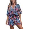CUPSHE Women’s Summer Romper Lace Up Printed Half Sleeves Casual Wide leg Vacation Outfit Mini One Piece Jumpsuit(Pink/Blue)