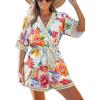 CUPSHE Women’s Summer Romper Lace Up Printed Half Sleeves Casual Wide leg Vacation Outfit Mini One Piece Jumpsuit(Red Floral)