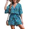 CUPSHE Women’s Summer Romper Lace Up Printed Half Sleeves Casual Wide leg Vacation Outfit Mini One Piece Jumpsuit(Teal Abstract)