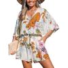 CUPSHE Women’s Summer Romper Lace Up Printed Half Sleeves Casual Wide leg Vacation Outfit Mini One Piece Jumpsuit(White Printed)