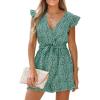 CUPSHE Women’s V Neck Floral Print Belted Elastic Waist Romper Ruffled Cap Sleeves Mini Jumpsuit(Dark Green)