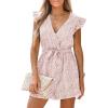 CUPSHE Women’s V Neck Floral Print Belted Elastic Waist Romper Ruffled Cap Sleeves Mini Jumpsuit(Pink)