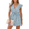 CUPSHE Women’s V Neck Floral Print Belted Elastic Waist Romper Ruffled Cap Sleeves Mini Jumpsuit(Teal Floral)