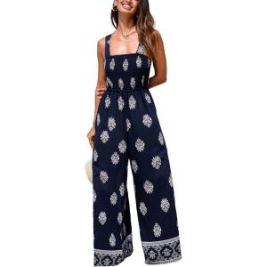 CUPSHE Women Paisley Summer Jumpsuits Beach Vacation Square Neck Sleeveless Smocked High Waist Wide Leg Jumpsuit(Navy Blue)