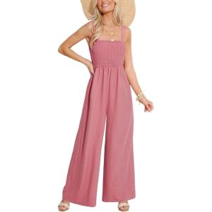 CUPSHE Women Paisley Summer Jumpsuits Beach Vacation Square Neck Sleeveless Smocked High Waist Wide Leg Jumpsuit(Pink)